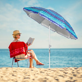 Blissun blue umbrella offers stylish, practical shade on sunny outings.