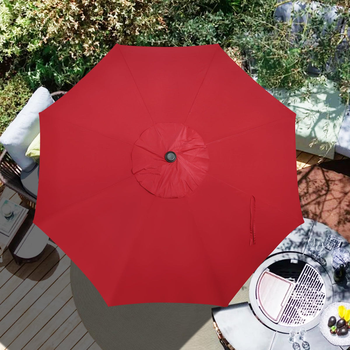 Blissun color-fast bright red shade enhances outdoor dining mood.