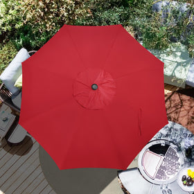 Blissun color-fast bright red shade enhances outdoor dining mood.
