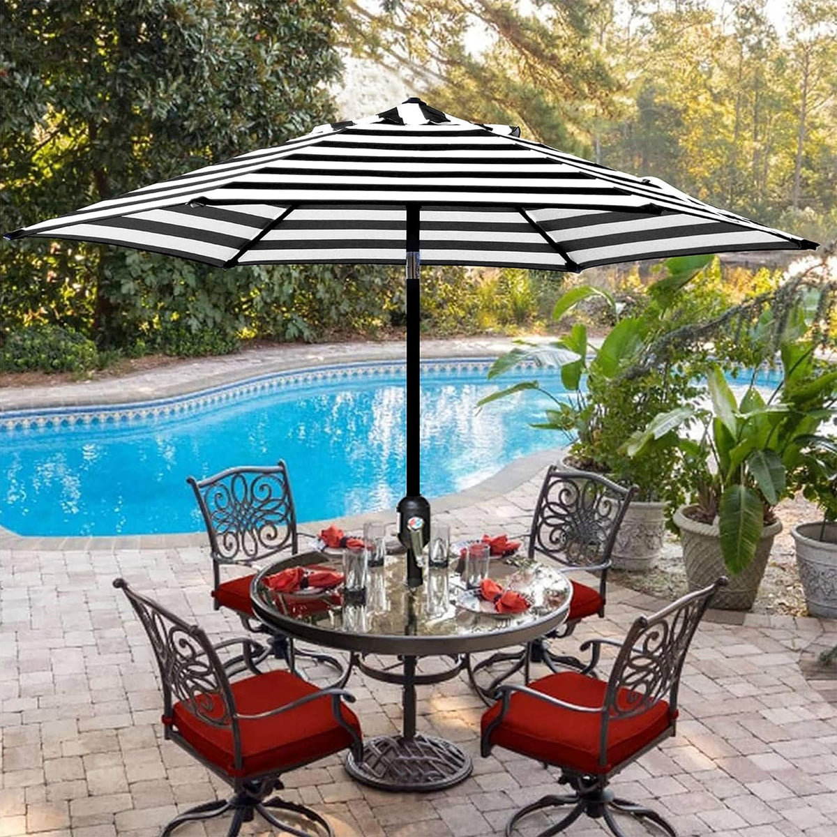 Blissun 7.5ft diameter shade fits 2-4 chairs around a table.
