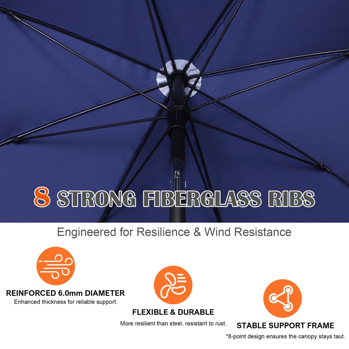 Blissun sturdy fiberglass ribs offer strong support with flexible shade.