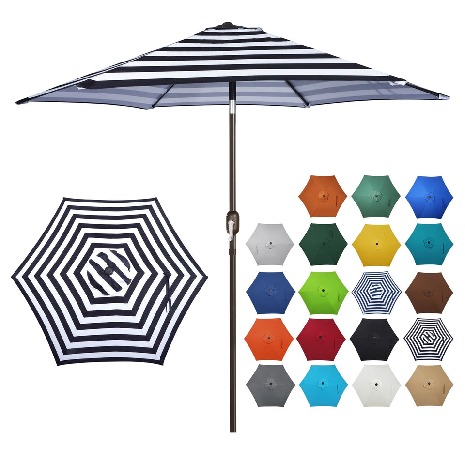 Blissun patio umbrella open over a table providing UV protection.