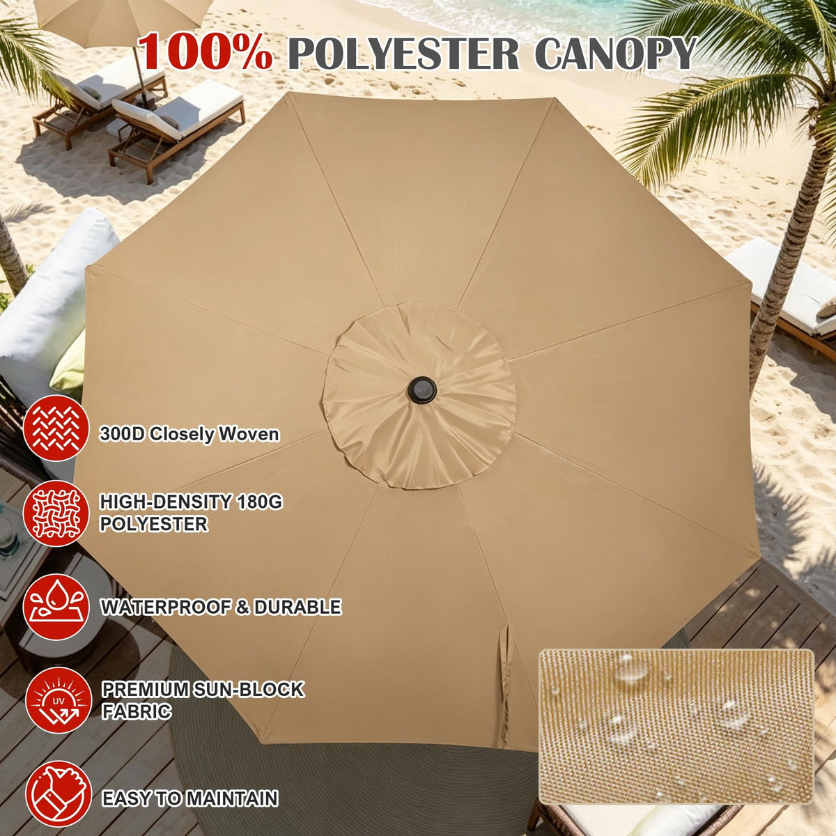 Blissun UV-resistant polyester fabric protects guests from sun and is easy to clean.