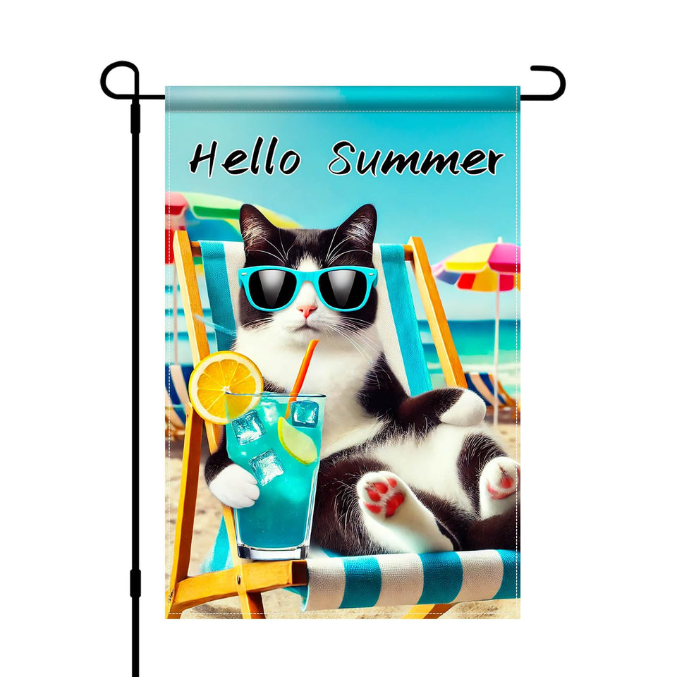 BlissYard Hello Summer Cat Flag with beach chair for outdoor charm
