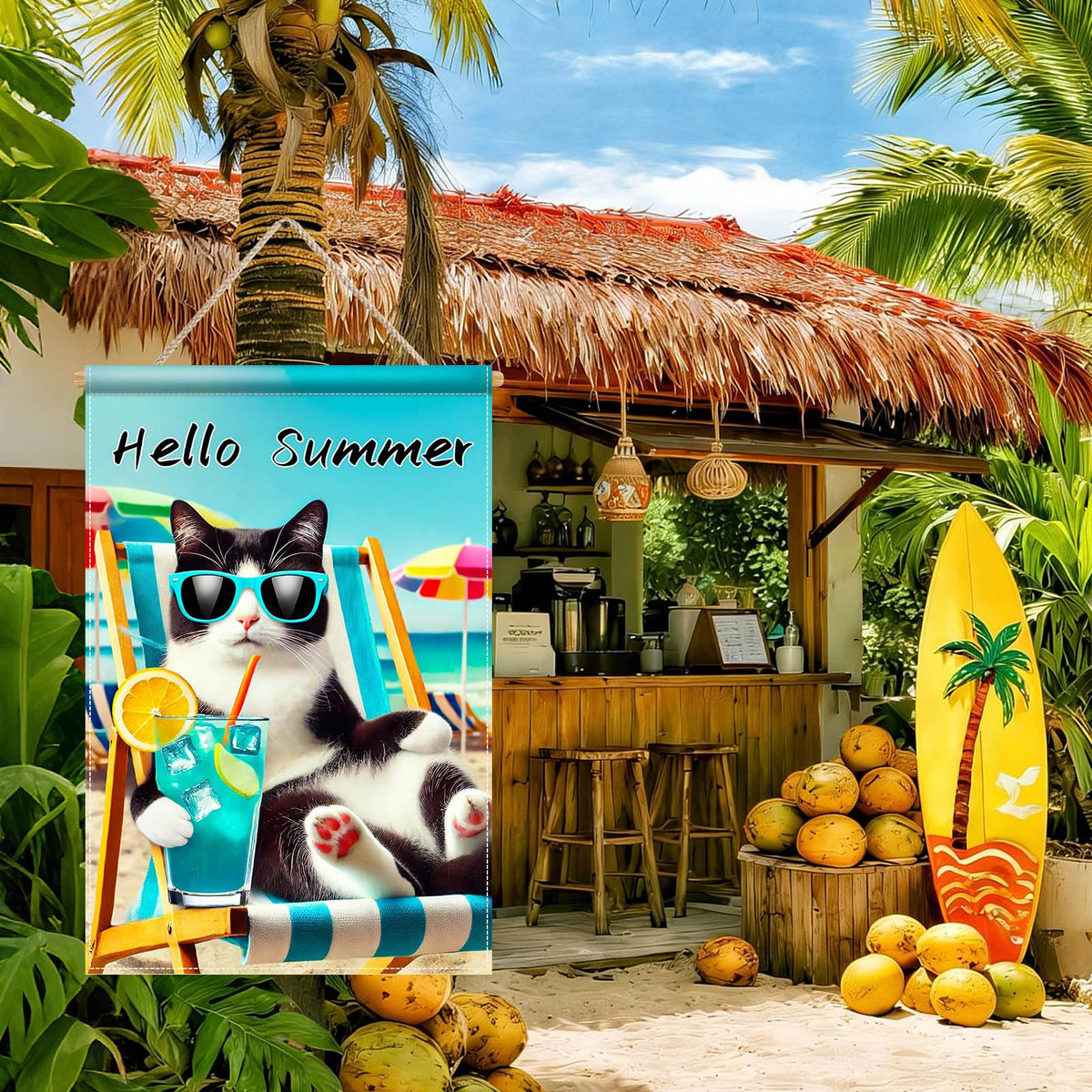 BlissYard Hello Summer Cat Flag complements coastal decor with playful flair