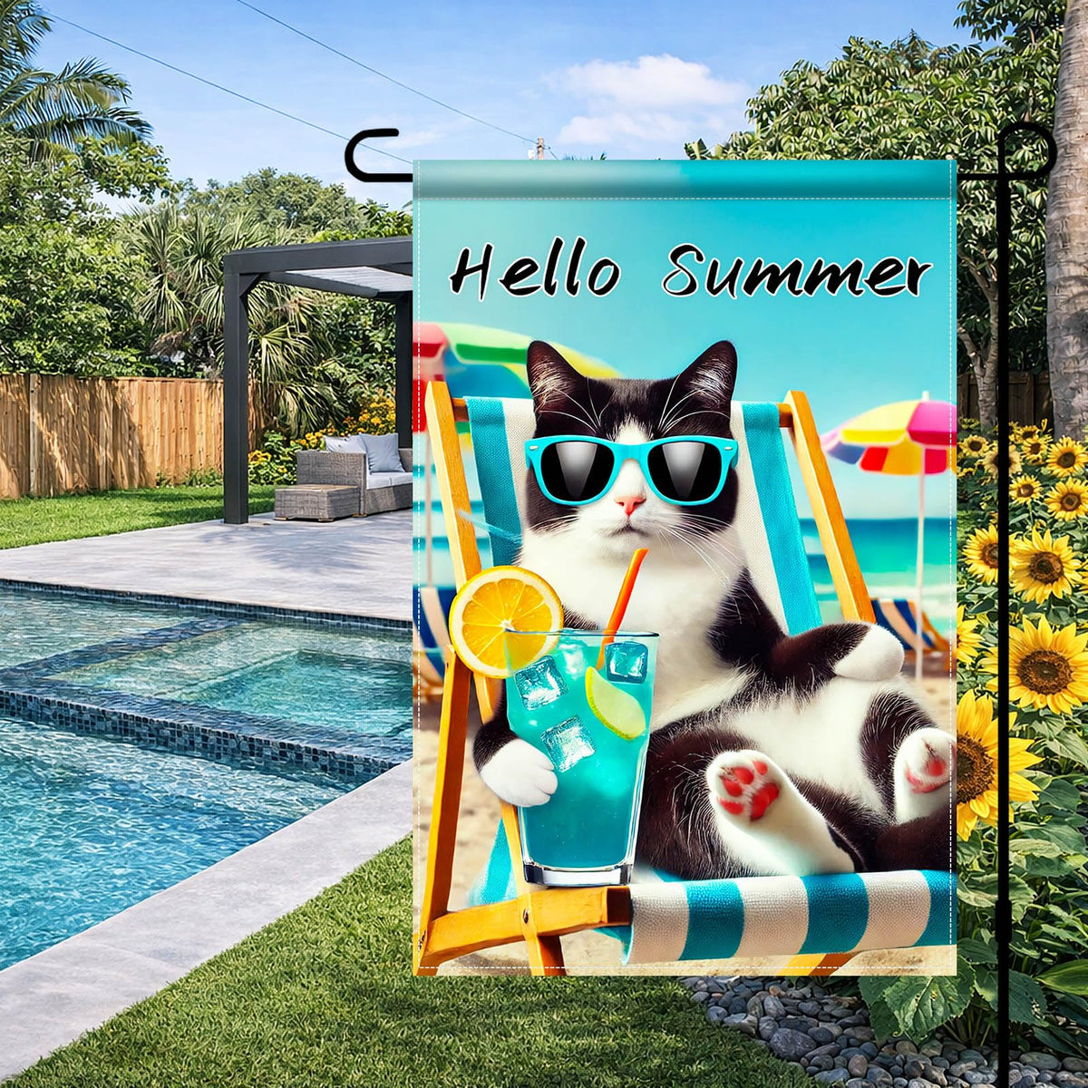 BlissYard Hello Summer Cat Flag double-sided design visible from angles