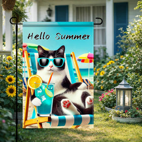 BlissYard Hello Summer Cat Flag wearing sunglasses adds coastal vibe