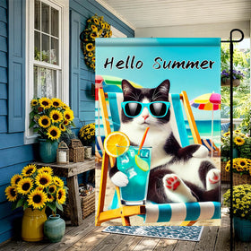 BlissYard Hello Summer Cat Flag under umbrellas enhances yard appeal