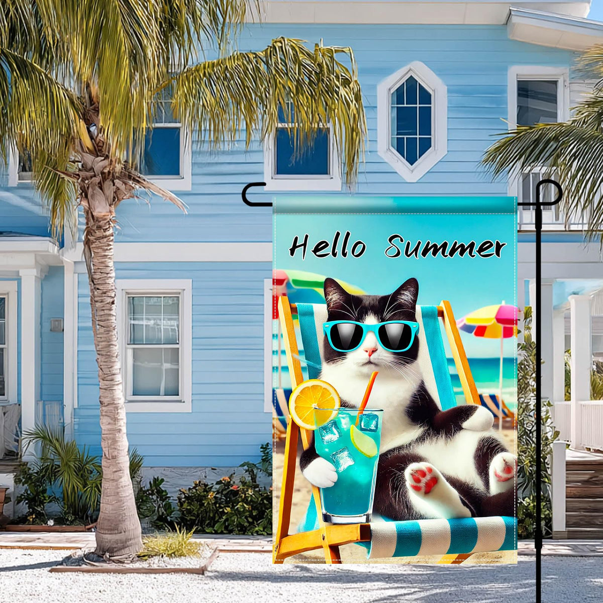 BlissYard Hello Summer Cat Flag fades-resistant fabric for outdoors