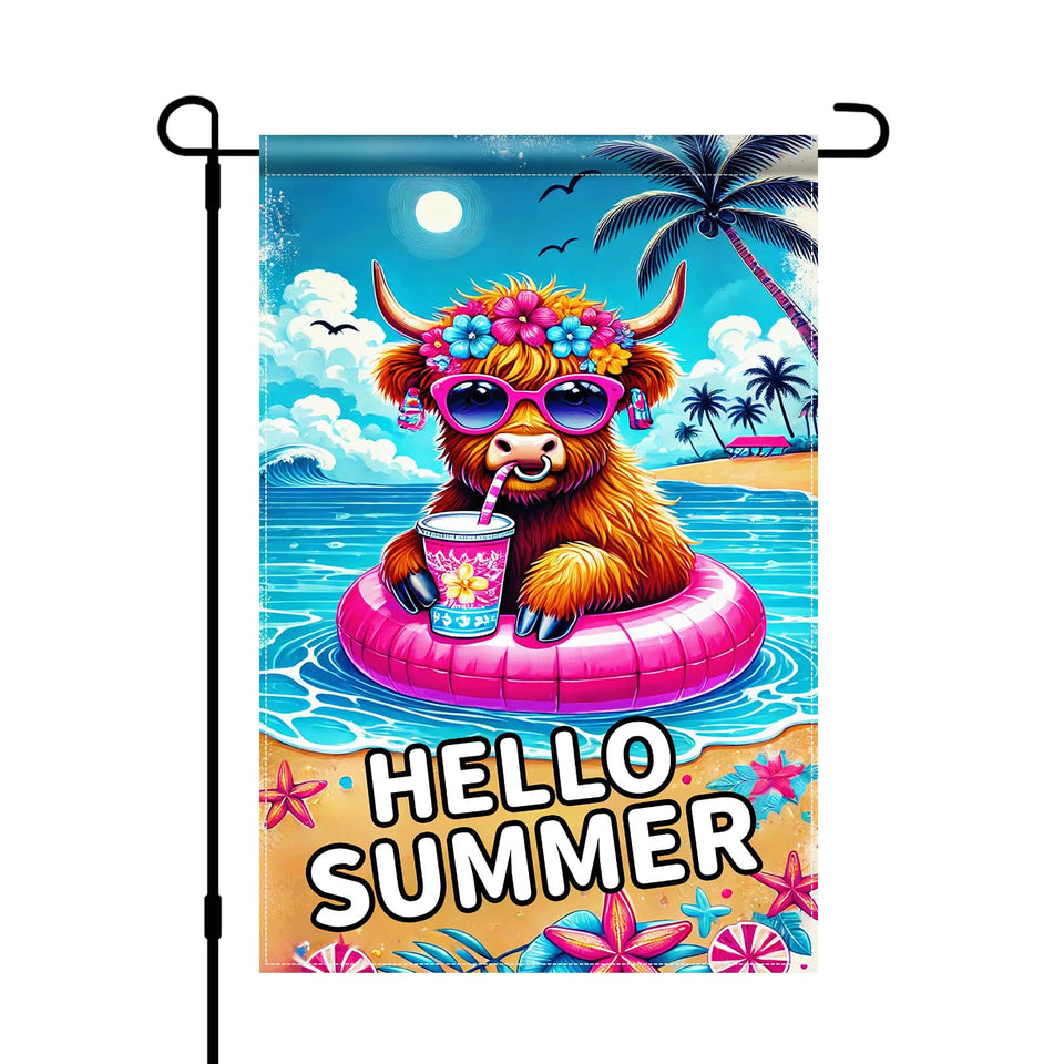 BlissYard Hello Summer Highland Cow flag with flower crown adds whimsical garden charm