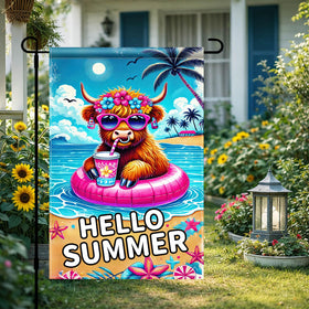 BlissYard Highland Cow with sunglasses and tropical drink flag brightens outdoor spaces