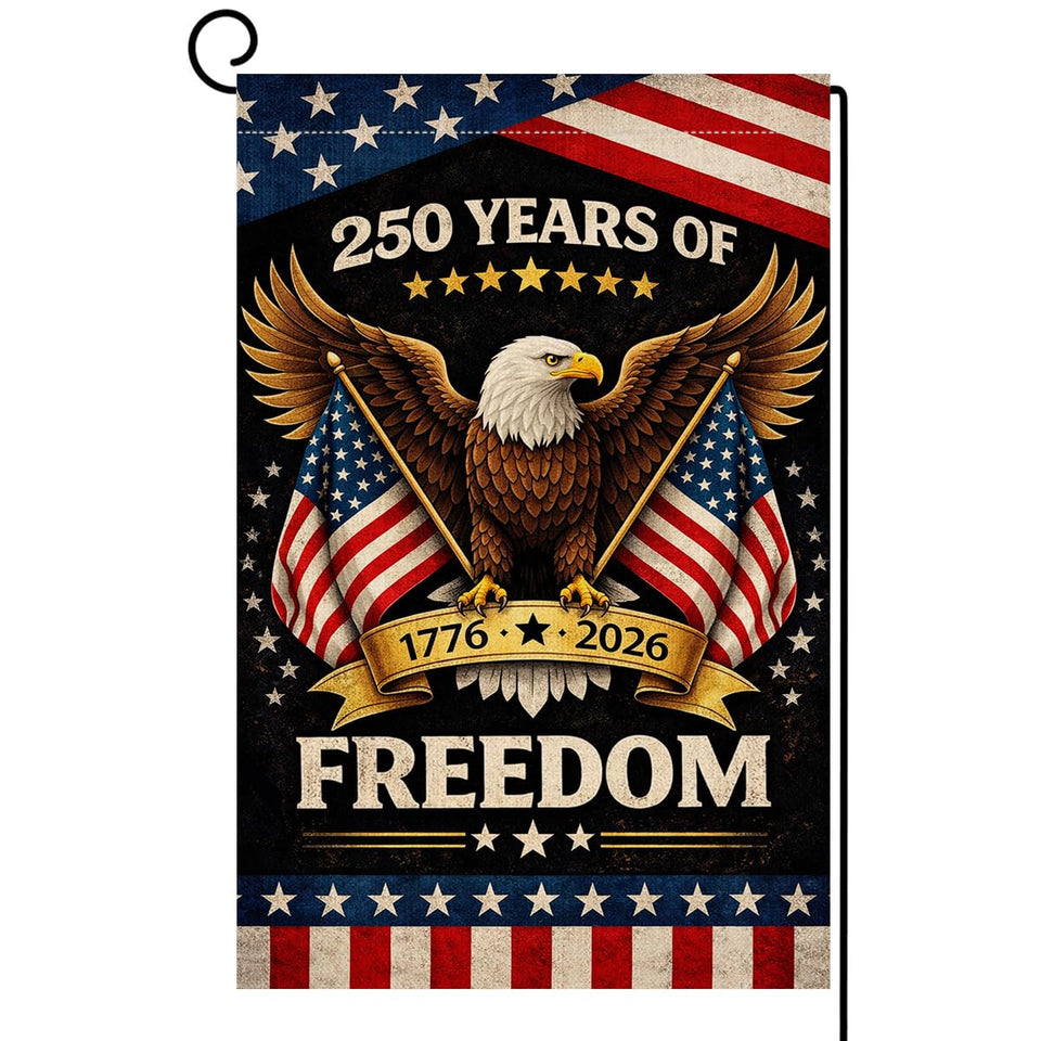 BLKWHT 250 Years America garden flag, front view with bold design for curb appeal