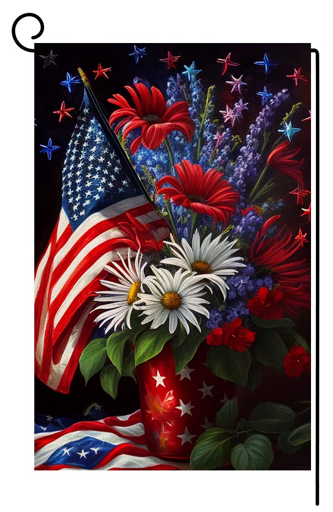 BLKWHT 4th of July Floral Garden Flag 12x18, double-sided outdoor decor.