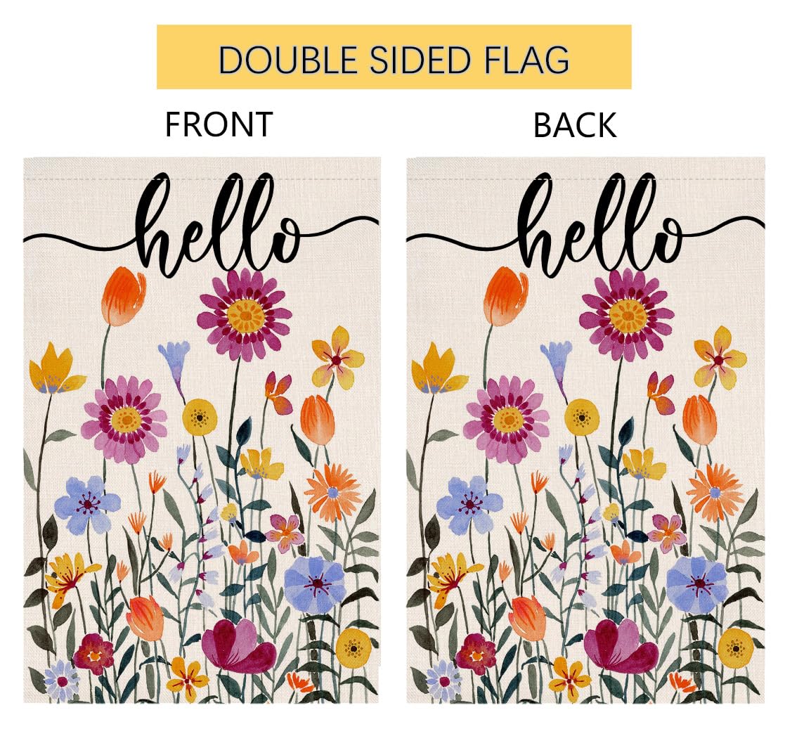 BLKWHT Hello Spring Floral flag shows anti-skid hook for stable hanging.