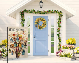 BLKWHT burlap garden flag with floral bird design, weather resistant for seasonal use