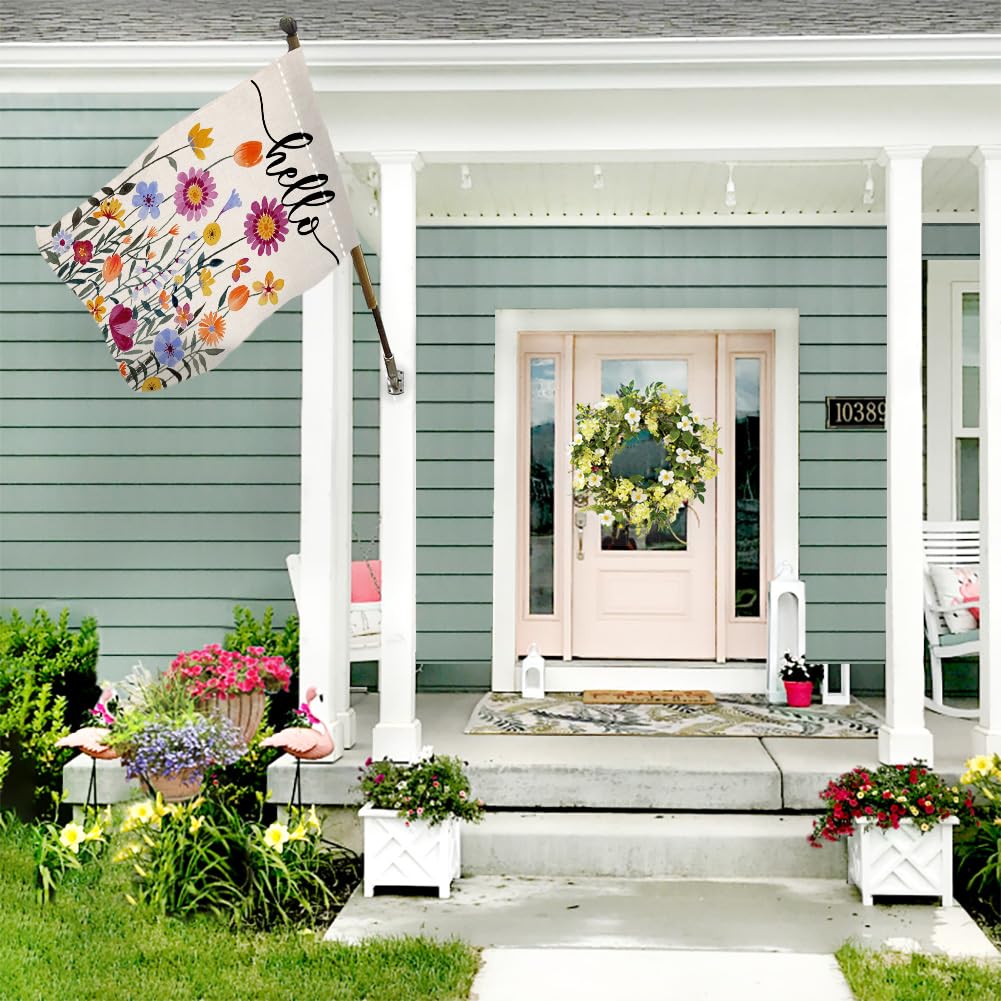 BLKWHT Hello Spring Floral flag close-up shows burlap texture and two-layer build for lasting outdoor use.