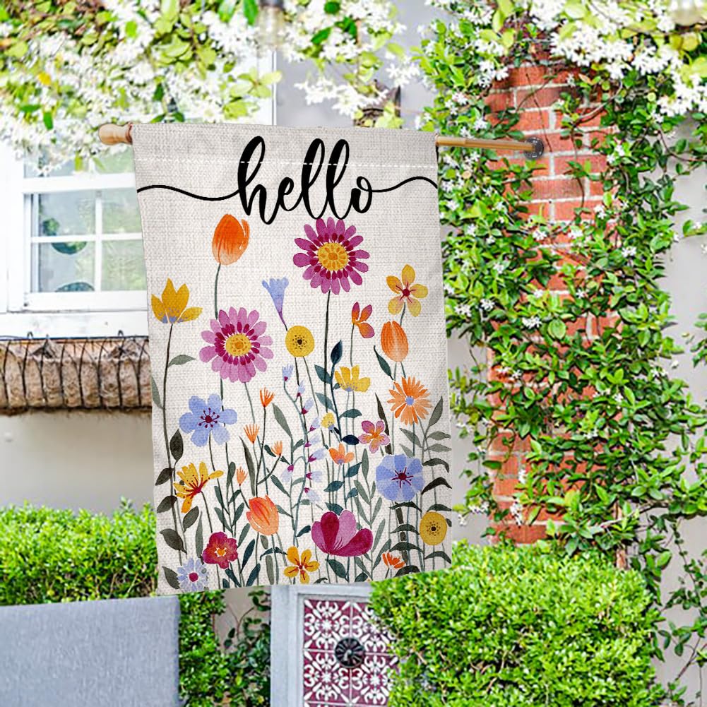 BLKWHT Hello Spring Floral flag shows double-sided floral pattern for eye-catching curb appeal from any angle.