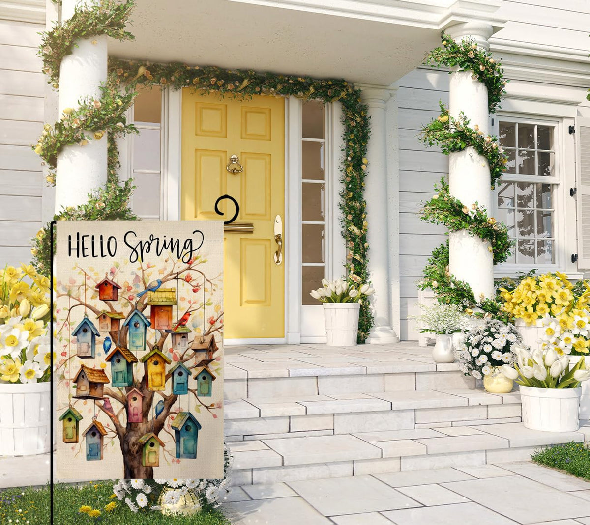 BLKWHT Spring Bird flag, double sided pattern ideal for porch or deck display