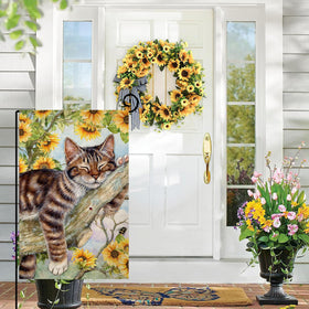 BLKWHT double-sided flag shows sunflower cat design clearly from both sides.