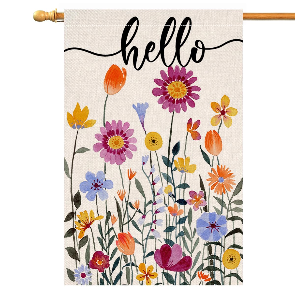 BLKWHT Hello Spring Floral House Flag with colorful flowers boosts porch curb appeal.