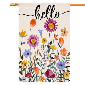 BLKWHT Hello Spring Floral House Flag with colorful flowers boosts porch curb appeal.