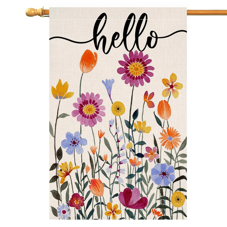 BLKWHT Hello Spring Floral House Flag with colorful flowers boosts porch curb appeal.