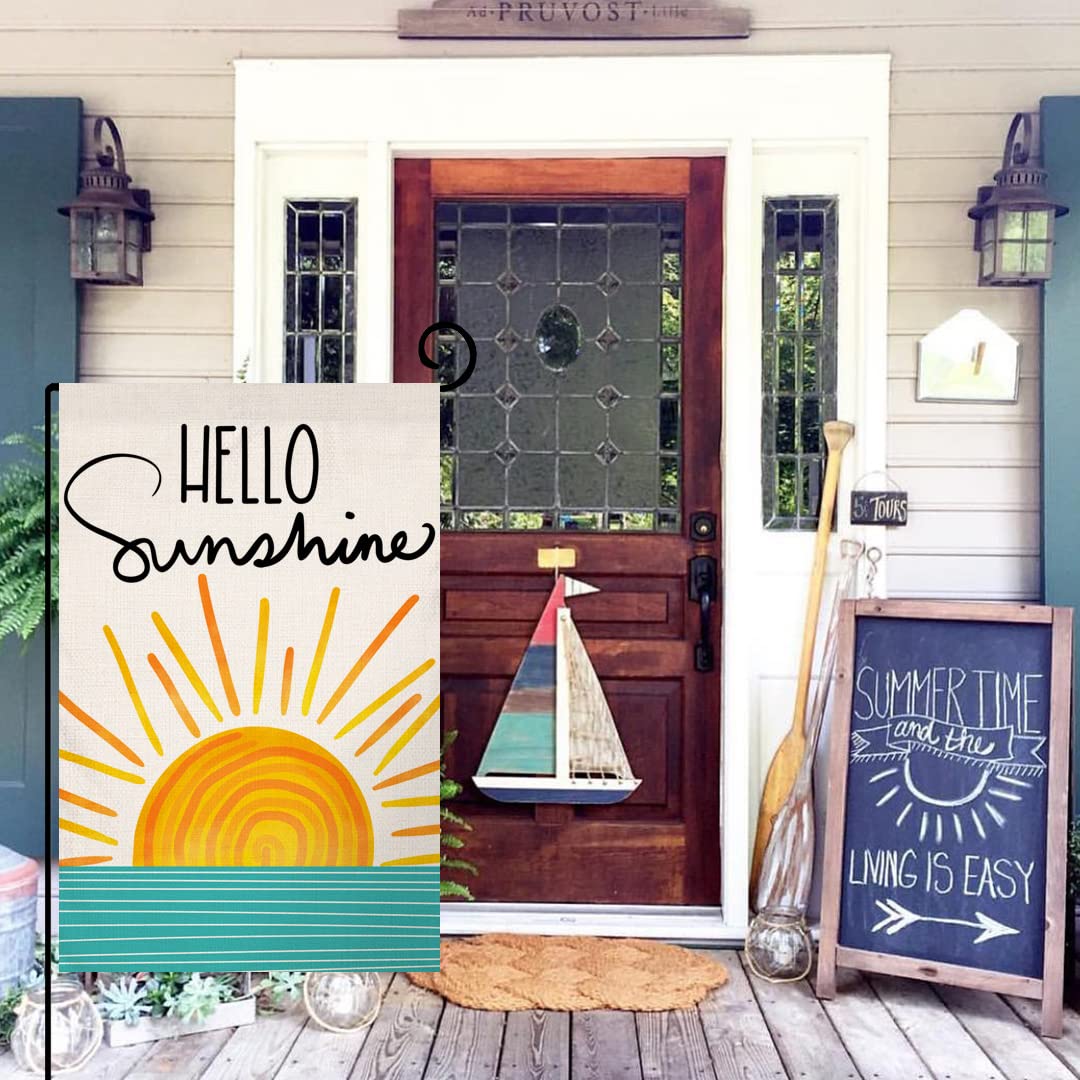 BLKWHT Hello Sunshine burlap texture highlights rustic charm and weather-ready durability.