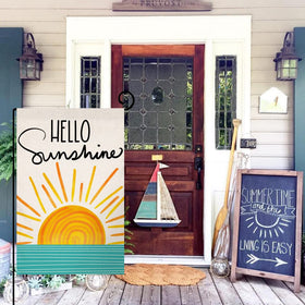 BLKWHT Hello Sunshine burlap texture highlights rustic charm and weather-ready durability.