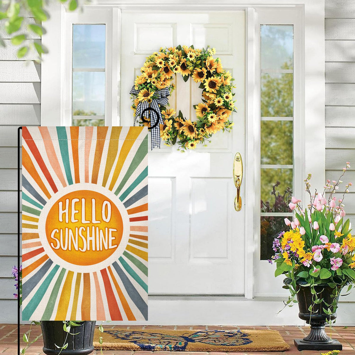 BLKWHT Hello Sunshine garden flag back view, double-sided color for yard flair.