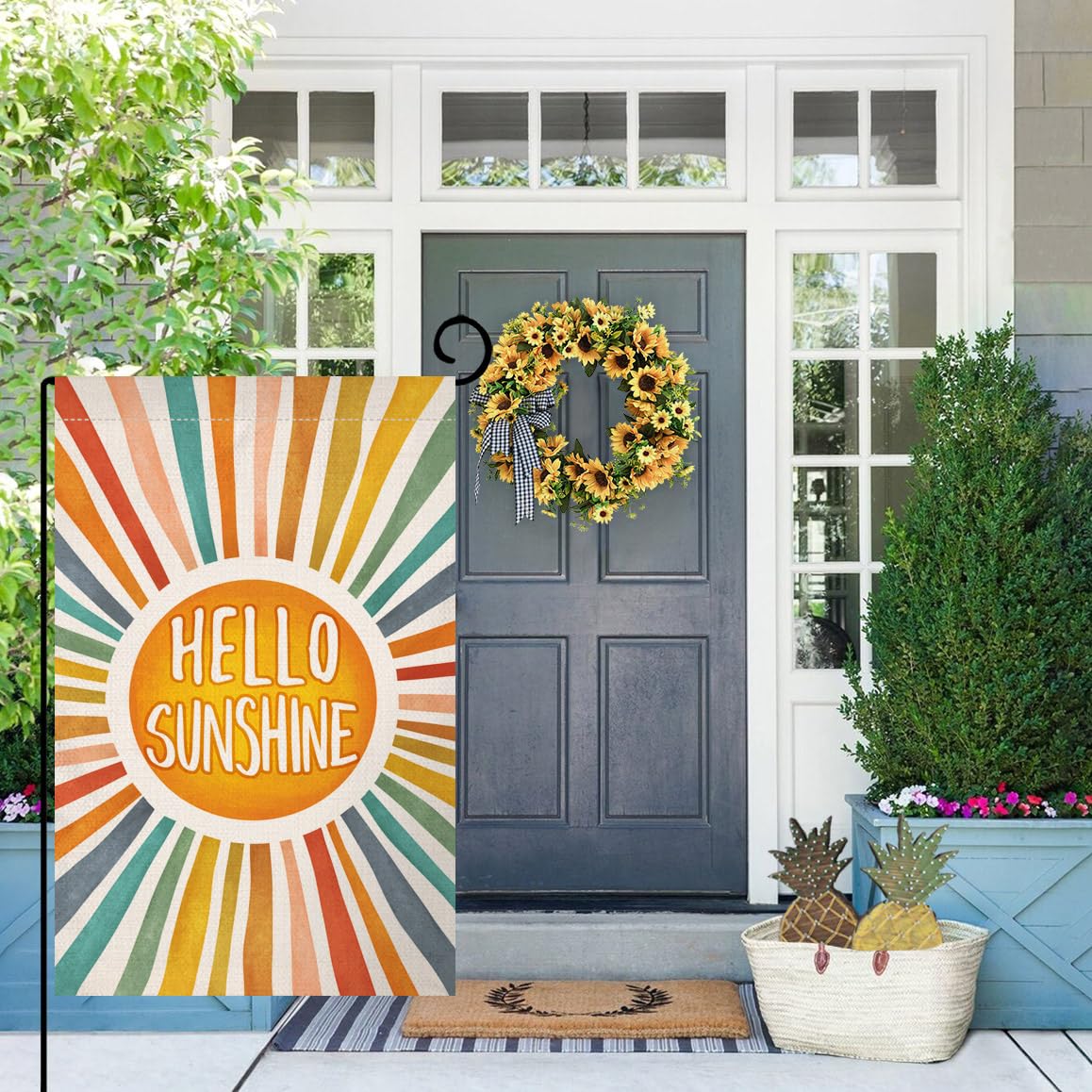 BLKWHT Hello Sunshine garden flag burlap texture close-up, weather-resistant for long-lasting display.
