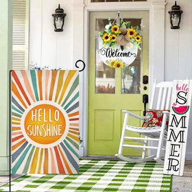 BLKWHT Hello Sunshine garden flag with bright colors, ideal for deck or veranda decor.