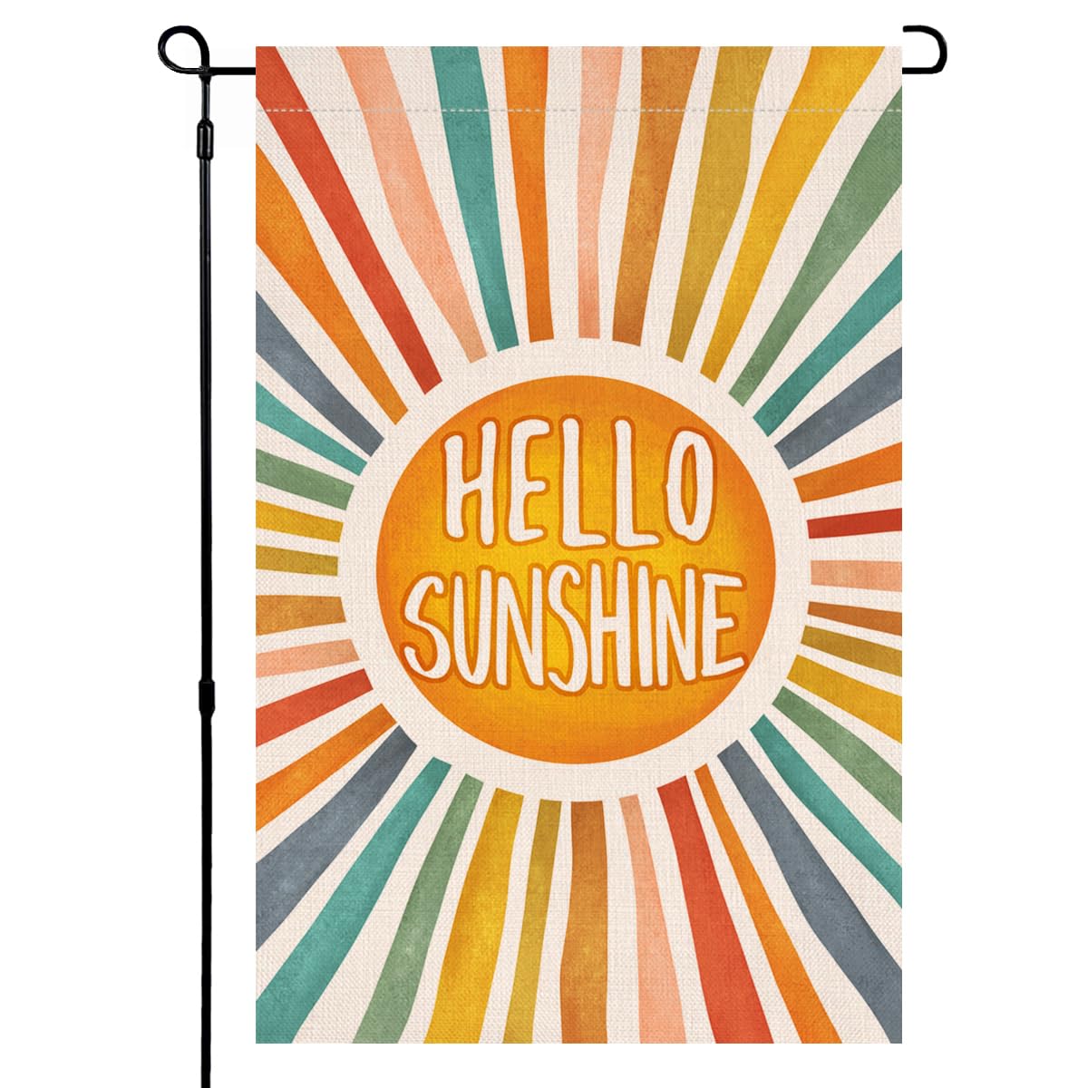 BLKWHT Hello Sunshine garden flag front view, vibrant burlap for outdoor porch decoration.