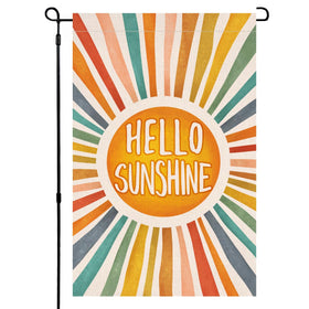 BLKWHT Hello Sunshine garden flag front view, vibrant burlap for outdoor porch decoration.