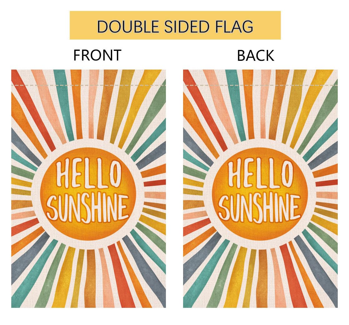 BLKWHT Hello Sunshine garden flag on outdoor stand, easy to swap in your garden.