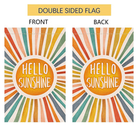 BLKWHT Hello Sunshine garden flag on outdoor stand, easy to swap in your garden.