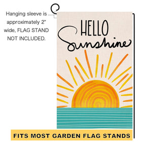 BLKWHT Hello Sunshine decorative outdoor flag adds cheerful seasonal charm to patios.