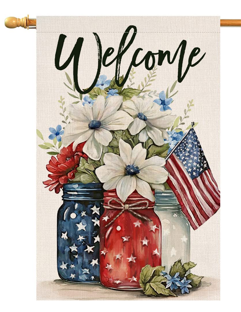 BLKWHT Mason Jar Floral House Flag front view for outdoor display with fade-resistant color.