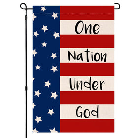 BLKWHT One Nation Under God flag in burlap front view, weather-ready outdoor decor
