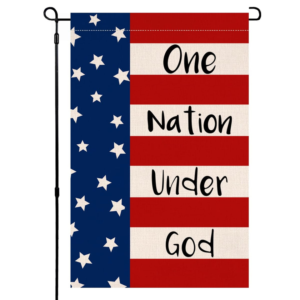 BLKWHT One Nation Under God flag in burlap front view, weather-ready outdoor decor