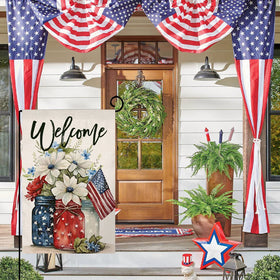 BLKWHT patriotic double-sided flag with red and blue accents.