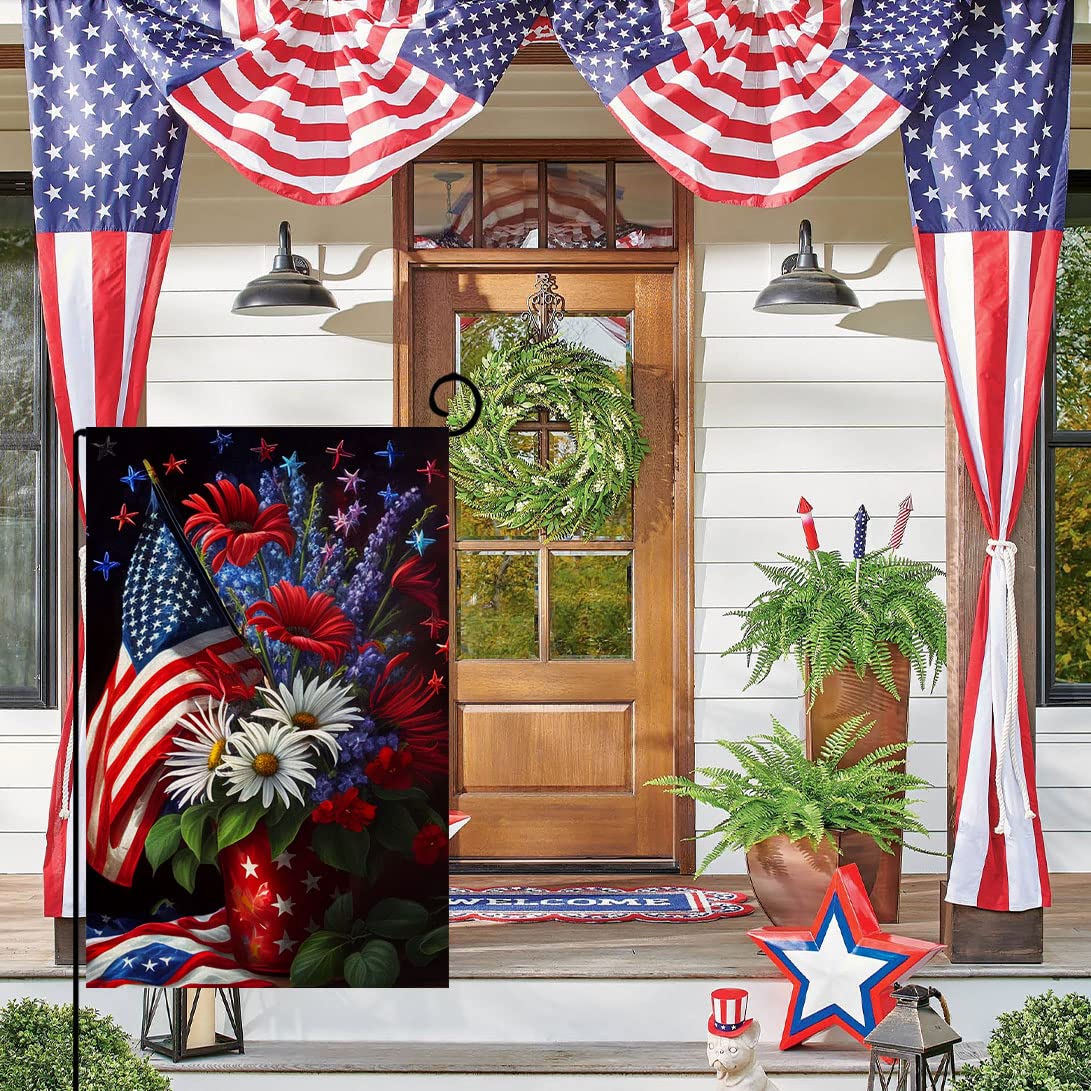 BLKWHT 4th of July Floral Garden Flag, displays on both sides for versatile yard decor.