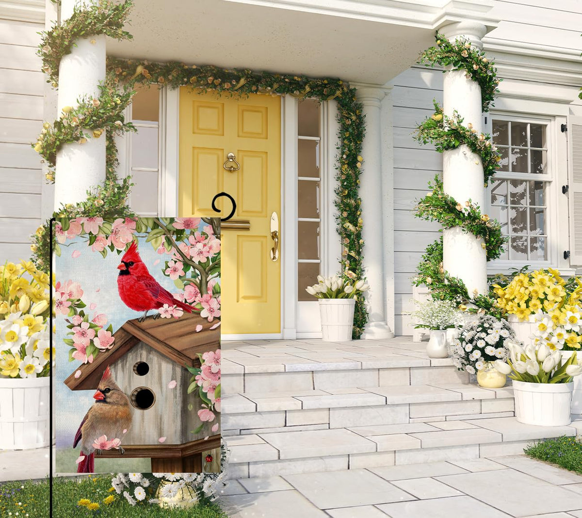 BLKWHT pink floral cardinal design enhances porches and garden entrances.