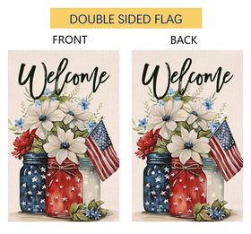 BLKWHT red-blue flag enhances patio decor with patriotic flair.