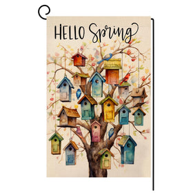 BLKWHT Spring Bird Tree garden flag on burlap, double sided for outdoor curb appeal