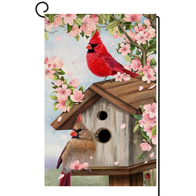 BLKWHT Spring Cardinal Bird Garden Flag with pink flowers for outdoor decor.