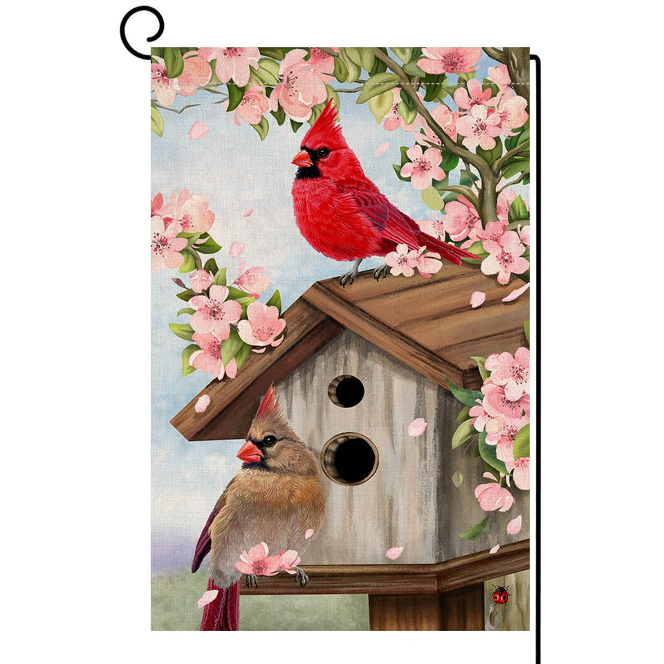 BLKWHT Spring Cardinal Bird Garden Flag with pink flowers for outdoor decor.
