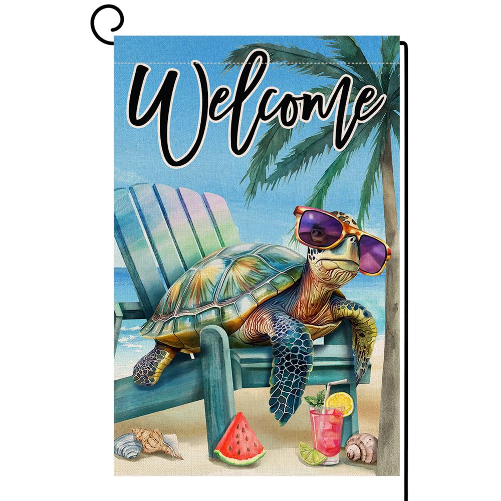 BLKWHT Summer Beach Sea Turtle garden flag front view, weather resistant burlap.