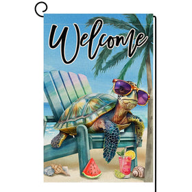 BLKWHT Summer Beach Sea Turtle garden flag front view, weather resistant burlap.