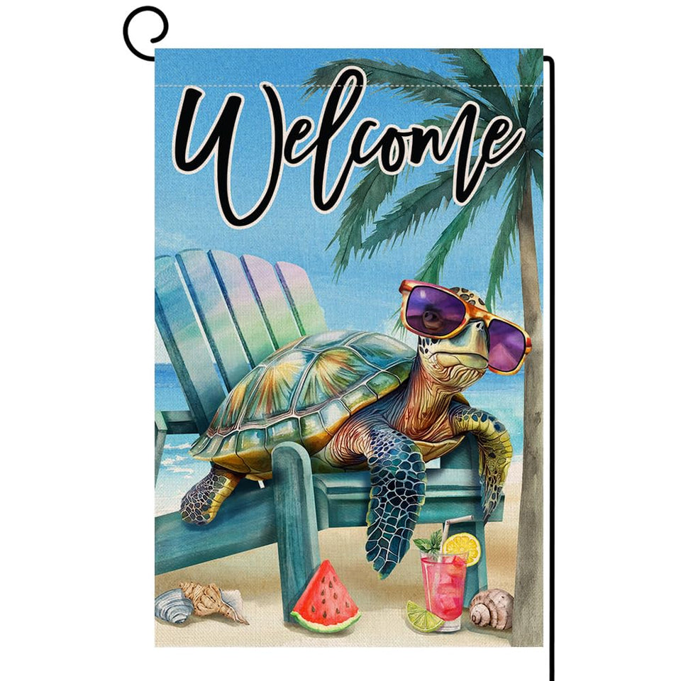 BLKWHT Summer Beach Sea Turtle garden flag front view, weather resistant burlap.