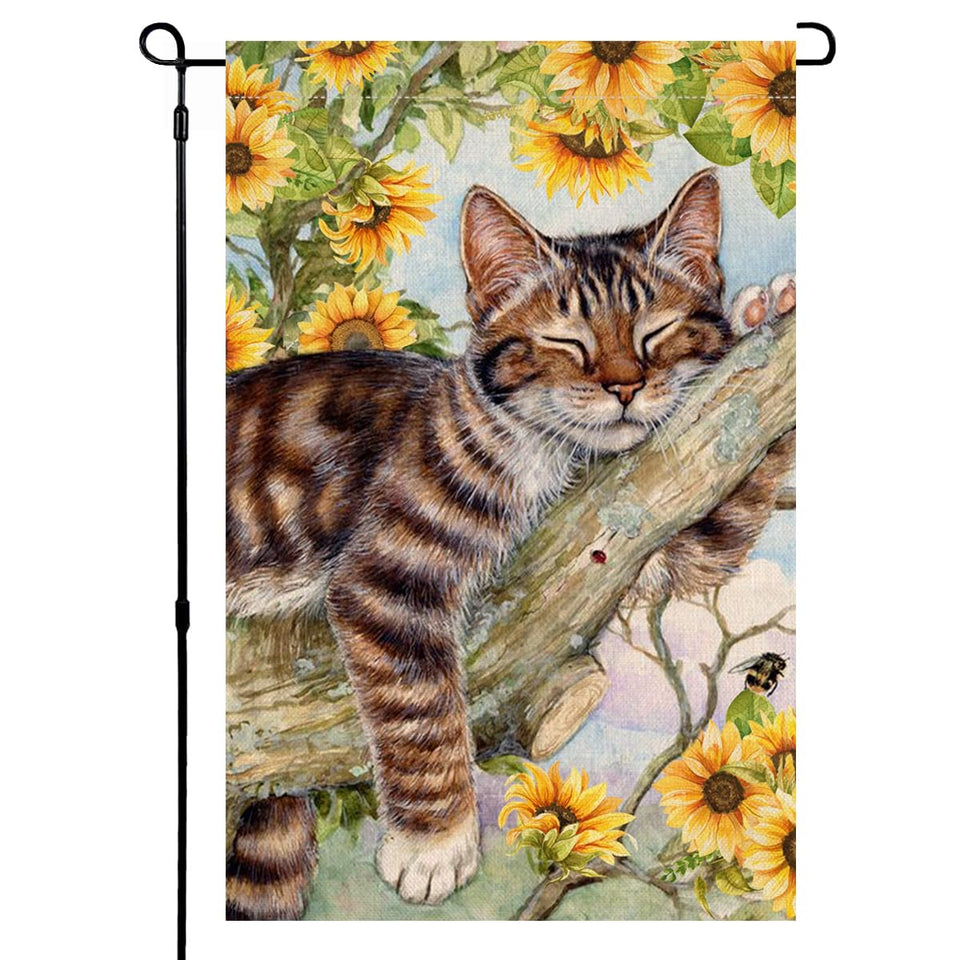 BLKWHT Summer Cat Sunflowers flag, 12x18, double-sided for bright outdoor display.